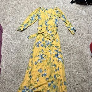 Off of the shoulder yellow maxi dress.
